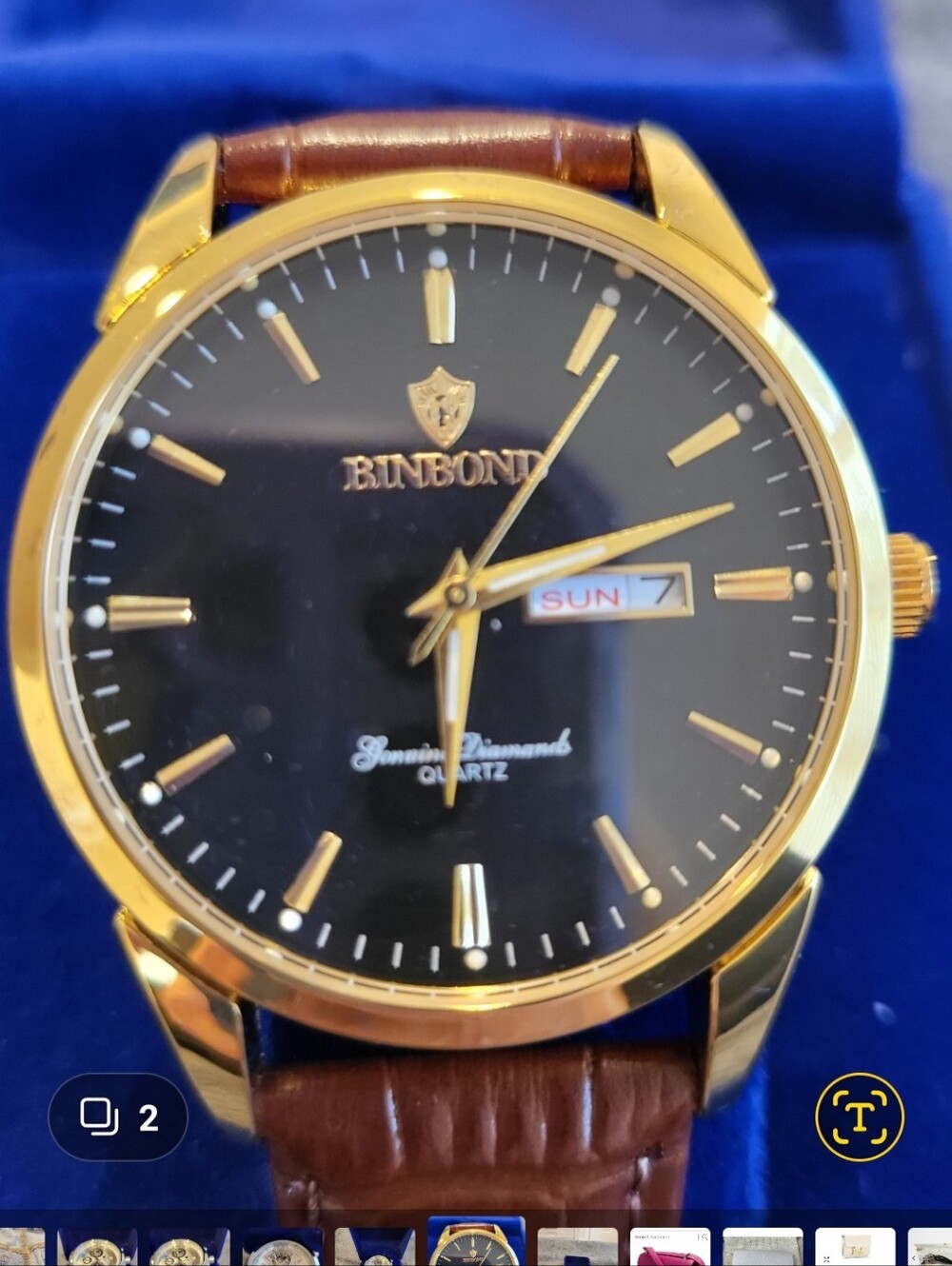 Men's Gold Case Black Dial Brown Leather Strap Watch - Picture 2 of 2